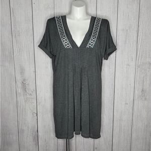 Cruel Denim Charcoal Gray Deep V Side Slit Tunic Top L/XL Southwest Trim Boho